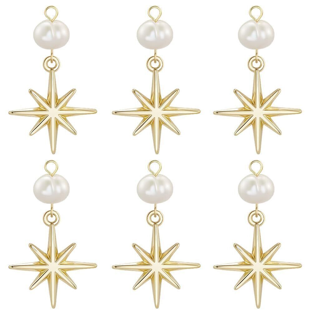 2731 1 Box 6Pcs Star Charms 18K Gold Plated Polaris Dangle Star Pearl